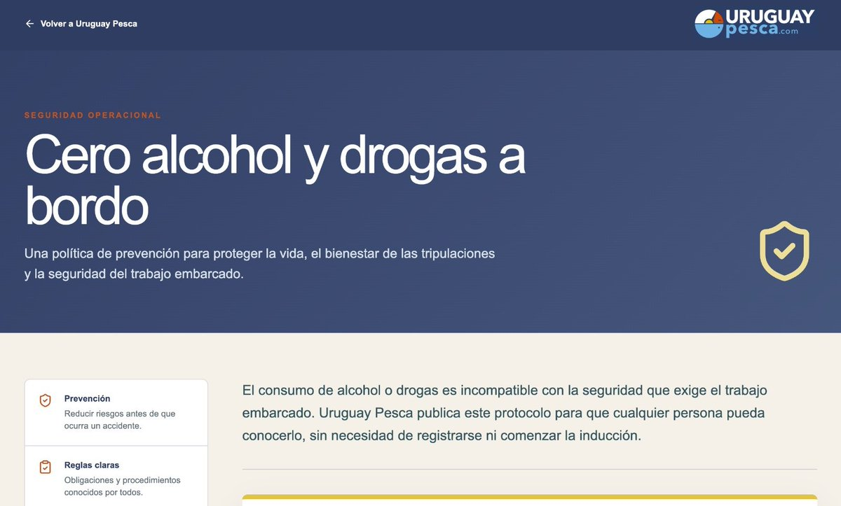Pantalla de Uruguay Pesca dedicada al protocolo Cero Alcohol y Drogas a Bordo